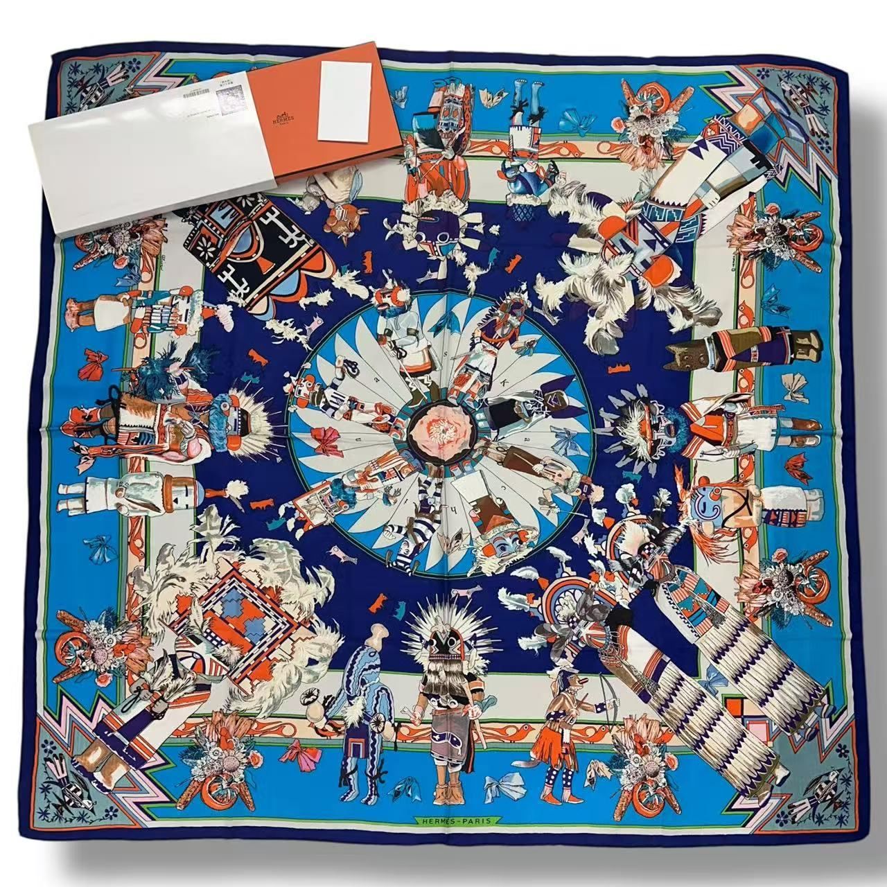 Hermes Carre 140 Large Scarf Cashmere Shawl Silk Kachina Blue