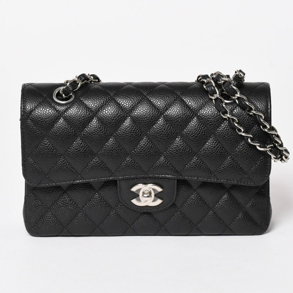 Chanel Quilted 23 Double Flap Chain Shoulder Bag Caviar Leather CC Logo Silver