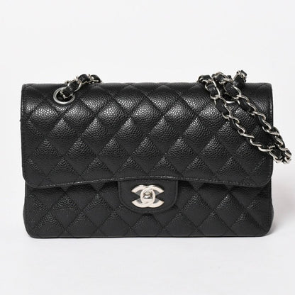 Chanel Quilted 23 Double Flap Chain Shoulder Bag Caviar Leather CC Logo Silver