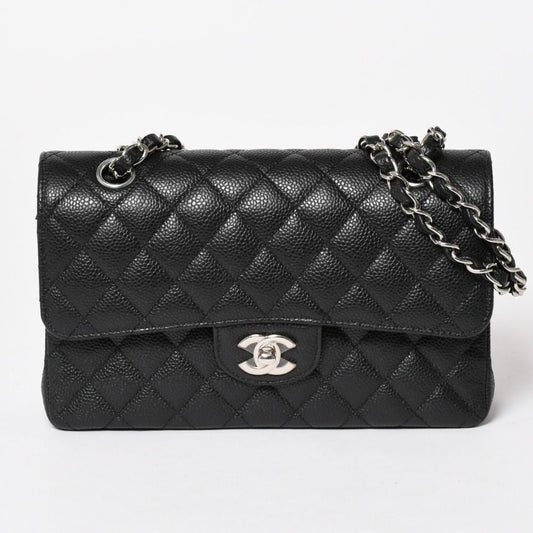 Chanel Quilted 23 Double Flap Chain Shoulder Bag Caviar Leather CC Logo Silver