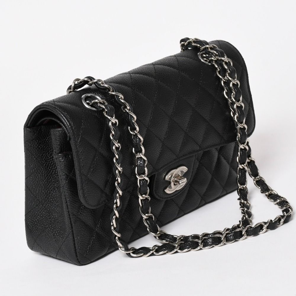Chanel Quilted 23 Double Flap Chain Shoulder Bag Caviar Leather CC Logo Silver — view 3