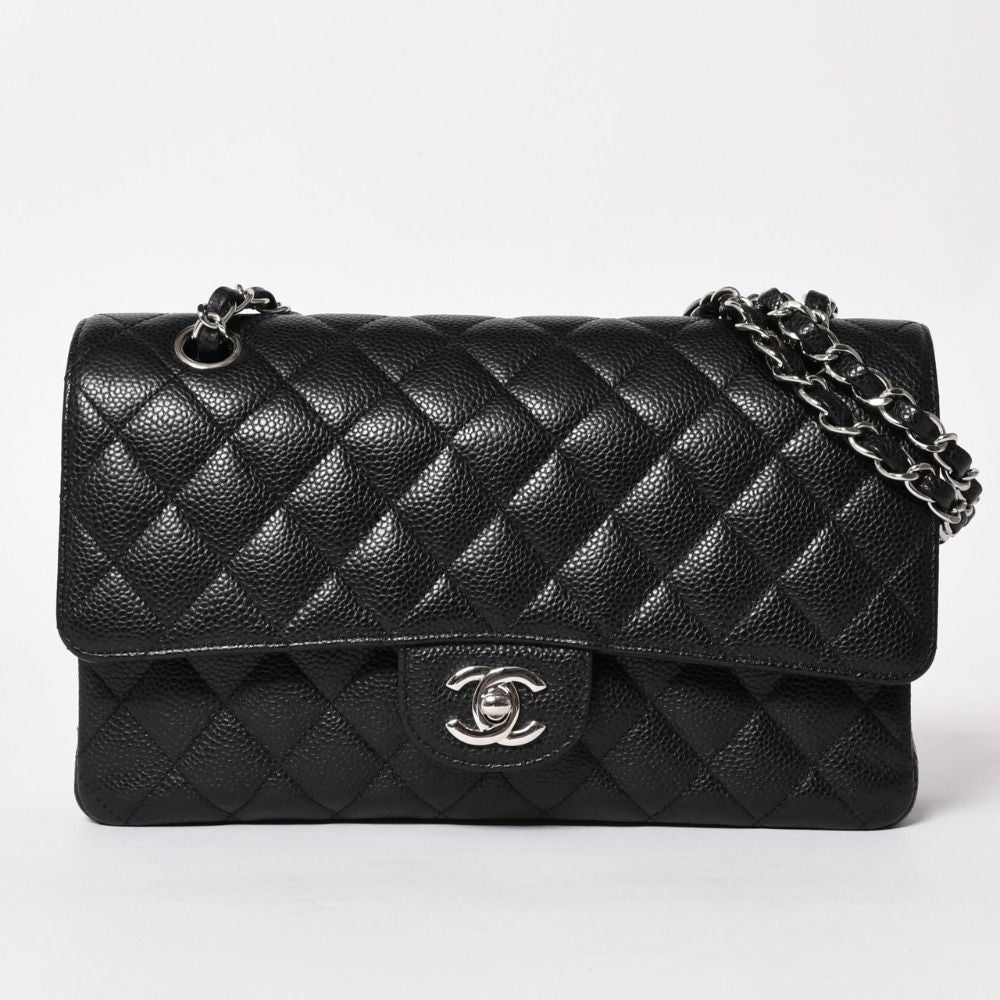 Chanel Quilted 25 Double Flap Chain Shoulder Bag CC Logo Caviar Leather Black