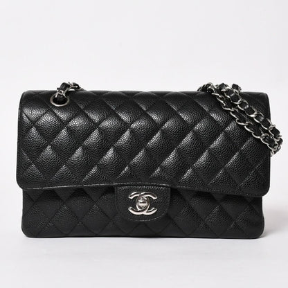 Chanel Quilted 25 Double Flap Chain Shoulder Bag CC Logo Caviar Leather Black