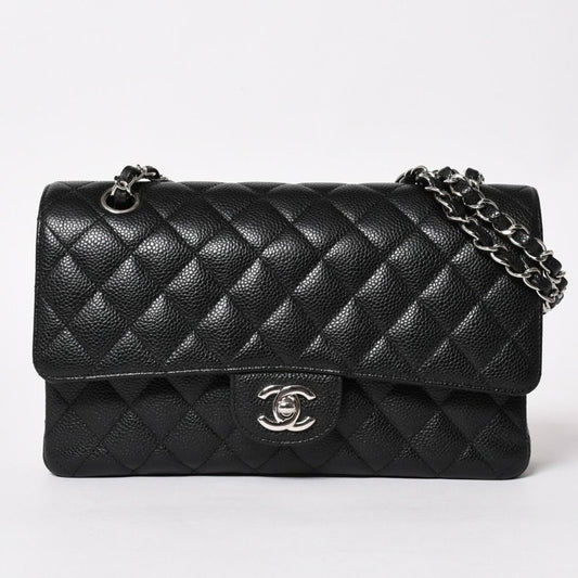 Chanel Quilted 25 Double Flap Chain Shoulder Bag CC Logo Caviar Leather Black