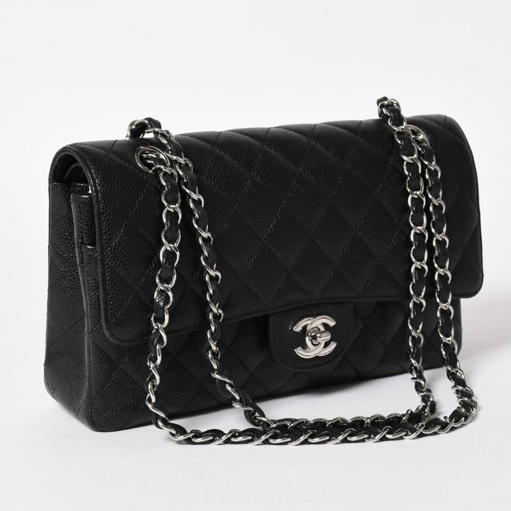 Chanel Quilted 25 Double Flap Chain Shoulder Bag CC Logo Caviar Leather Black — view 3