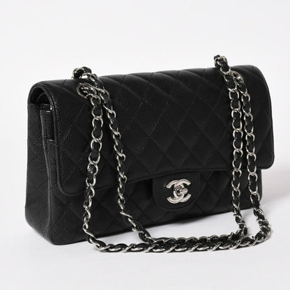 Chanel Quilted 25 Double Flap Chain Shoulder Bag CC Logo Caviar Leather Black — view 3