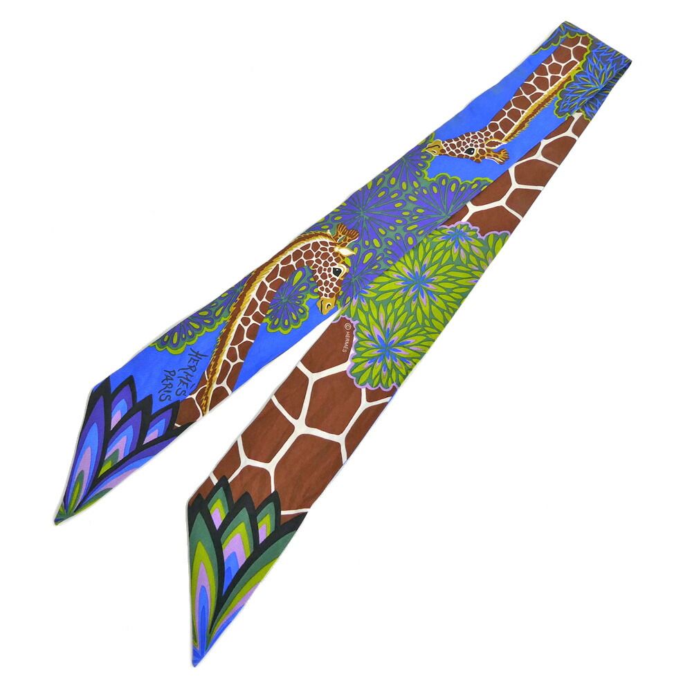 Hermes Twilly The Three Graces Mikami 100% Silk Blue Giraffe Pattern