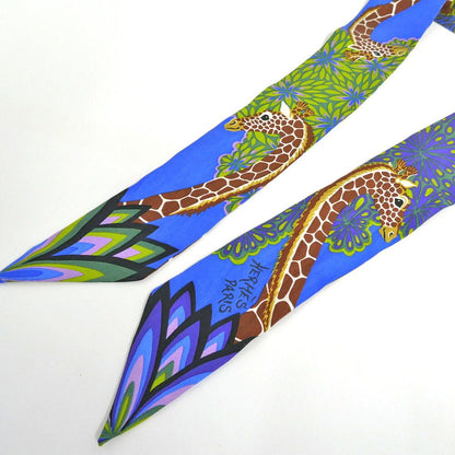Hermes Twilly The Three Graces Mikami 100% Silk Blue Giraffe Pattern — view 3