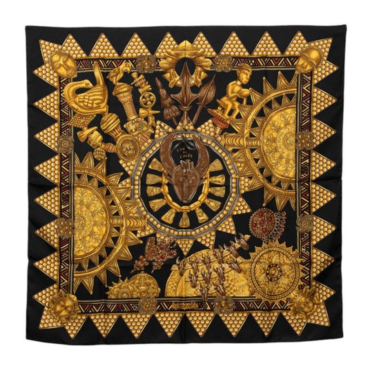 Hermes Carre 90 L'or Des Chefs Scarf Oversized Black Gold Silk