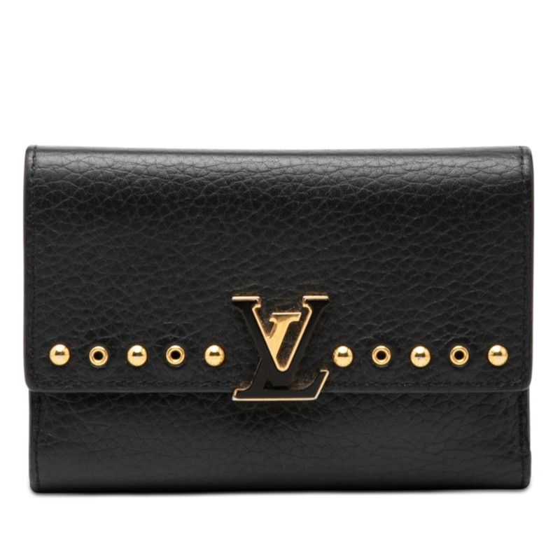 Louis Vuitton Capucines Compact Studded Trifold Wallet Black Leather