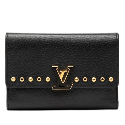 Louis Vuitton Capucines Compact Studded Trifold Wallet Black Leather