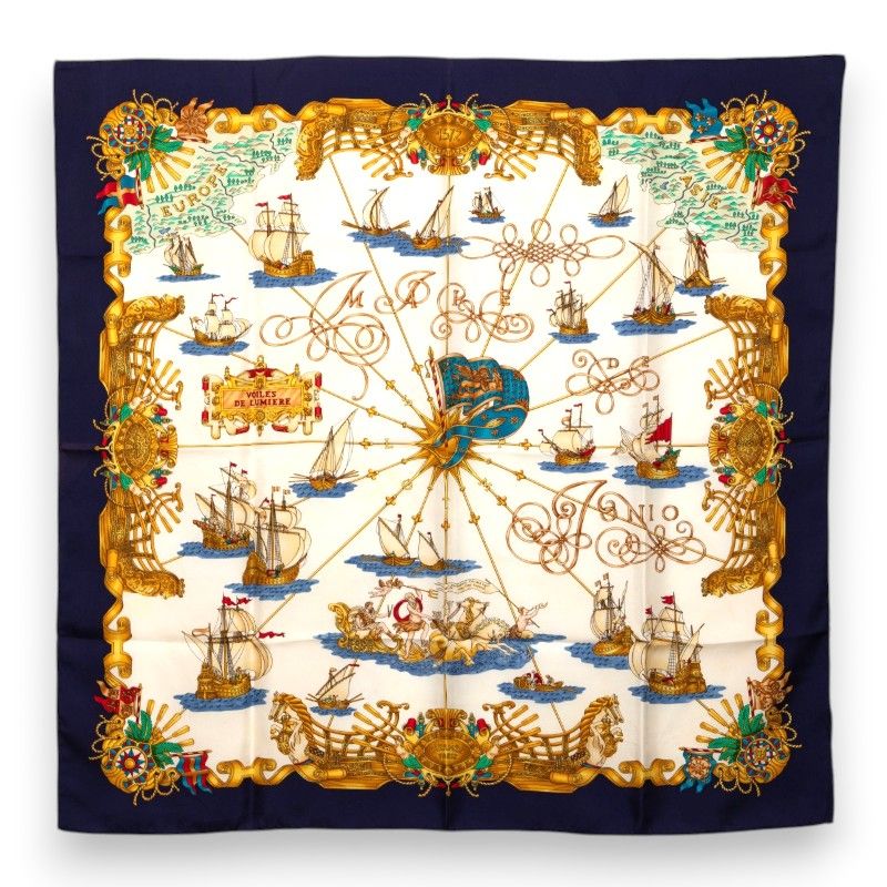 Hermes Carre 90 Voiles de Lumiere Scarf Oversized Navy Multicolor Silk