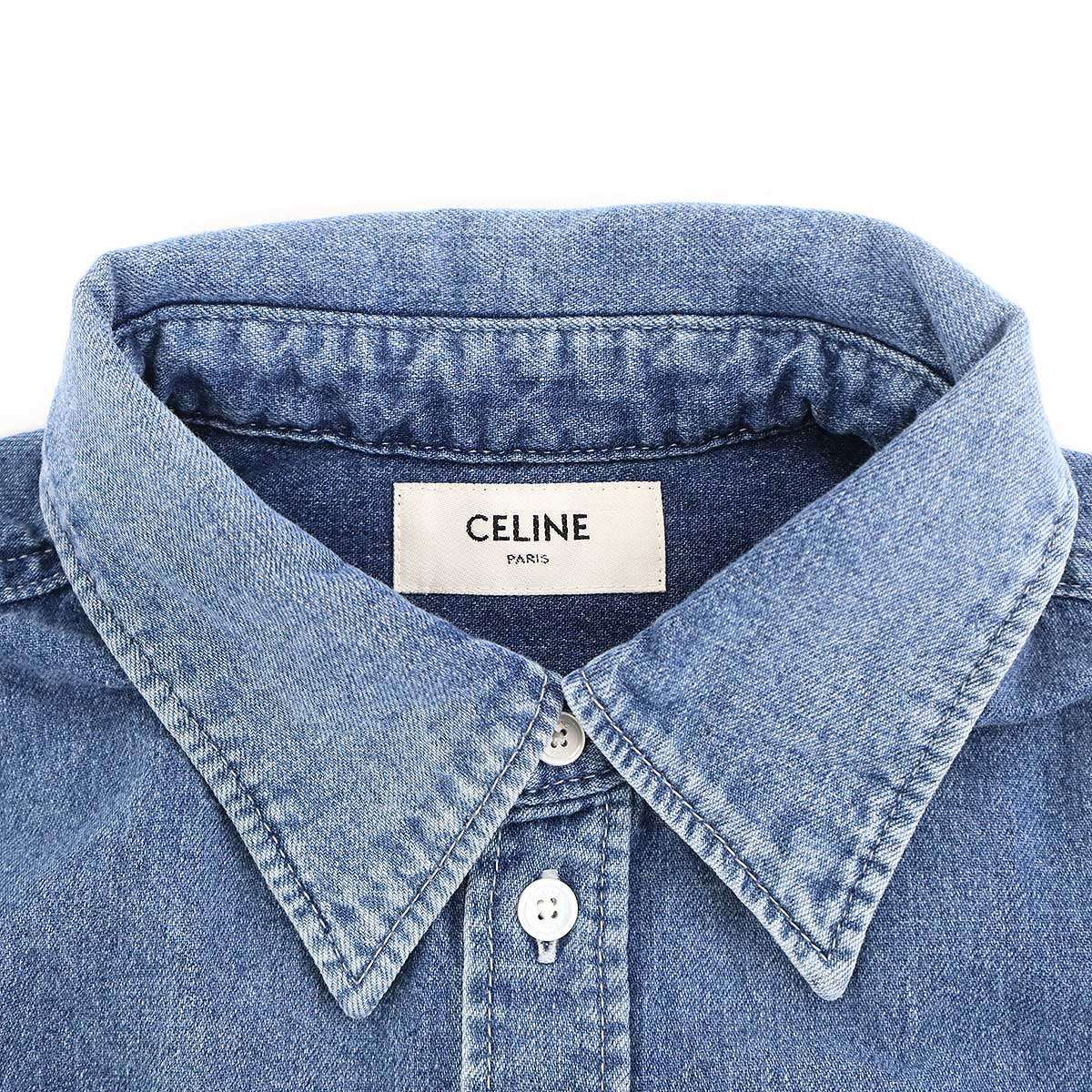 Celine Triomphe Embroidered Cropped Denim Shirt Indigo Blue — view 3
