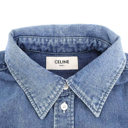 Celine Triomphe Embroidered Cropped Denim Shirt Indigo Blue — view 3