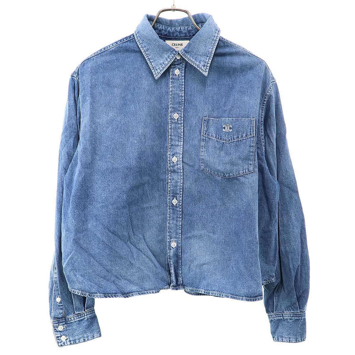 Celine Triomphe Embroidered Cropped Denim Shirt Indigo Blue