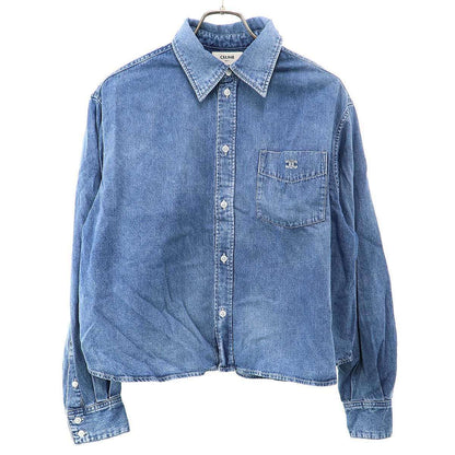 Celine Triomphe Embroidered Cropped Denim Shirt Indigo Blue