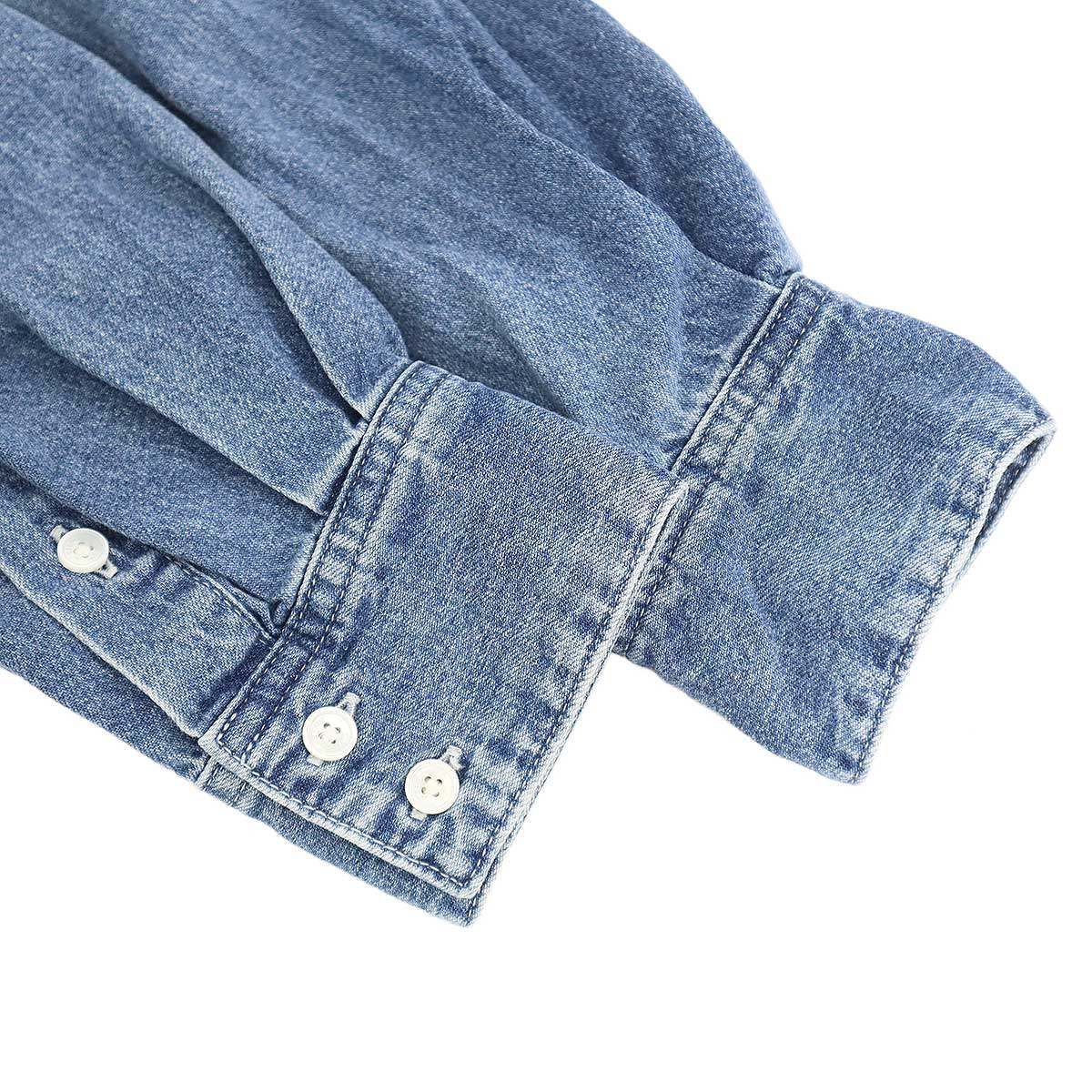 Celine Triomphe Embroidered Cropped Denim Shirt Indigo Blue — view 4