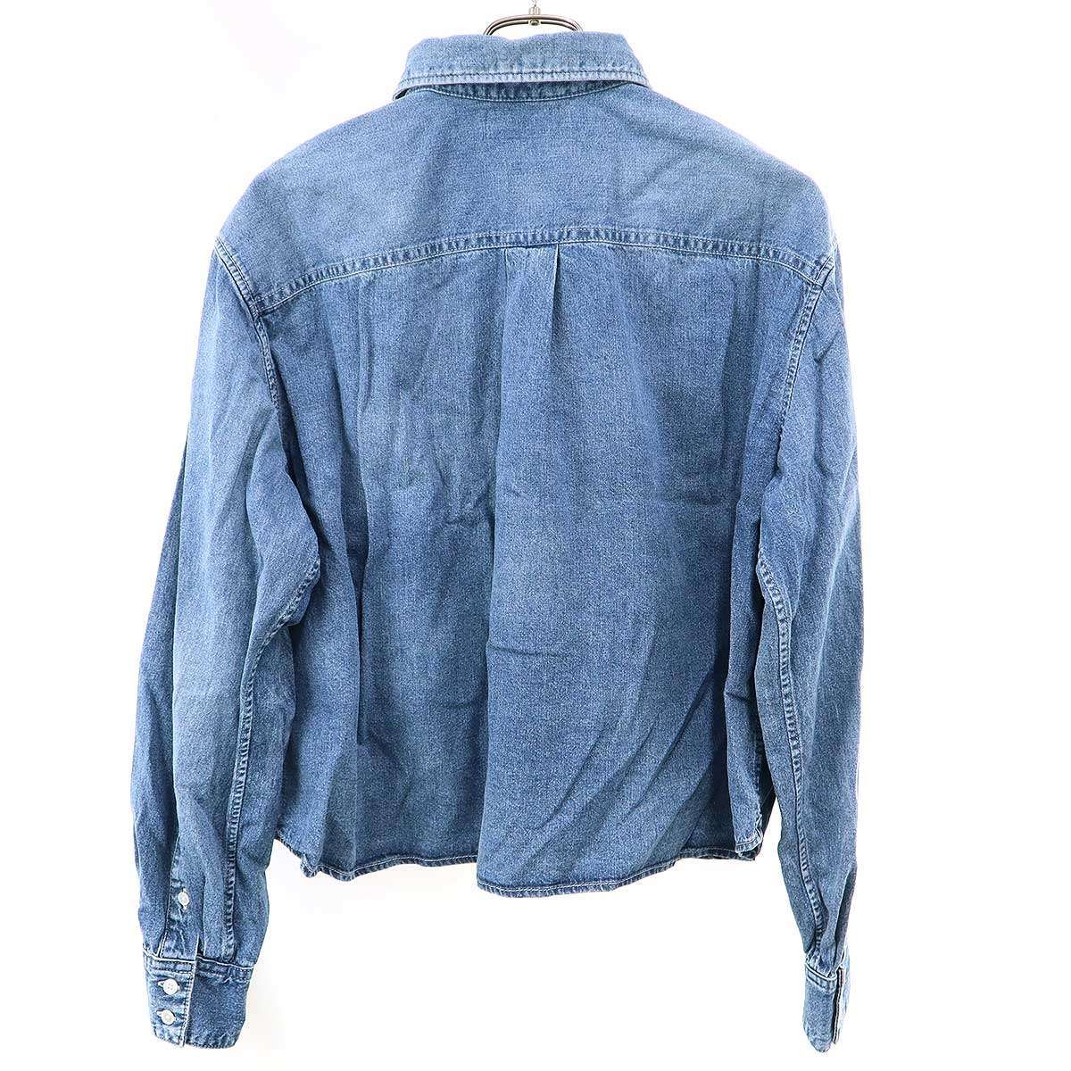 Celine Triomphe Embroidered Cropped Denim Shirt Indigo Blue — view 2