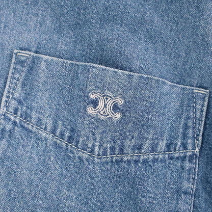 Celine Triomphe Embroidered Cropped Denim Shirt Indigo Blue — view 5