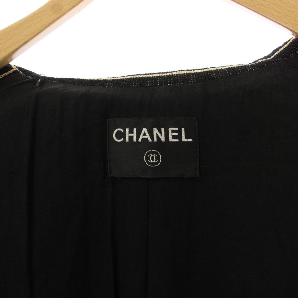 Chanel Chesterfield Long Border Pattern Camellia Silk Black White YT Shoulder — view 5