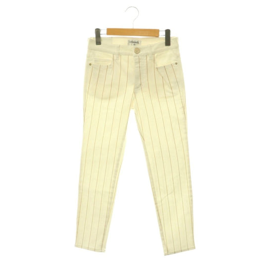 Chanel 20P CC Logo Button Chain Stripe Skinny Denim Pants P6 Tapered 36 White HS