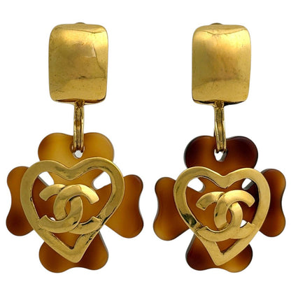 Chanel CC Logo Earrings Heart Clover Gold Plated Brown