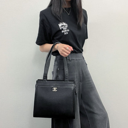 Chanel CC Logo Tote Shoulder Bag Caviar Leather Black Silver Vintage — view 2