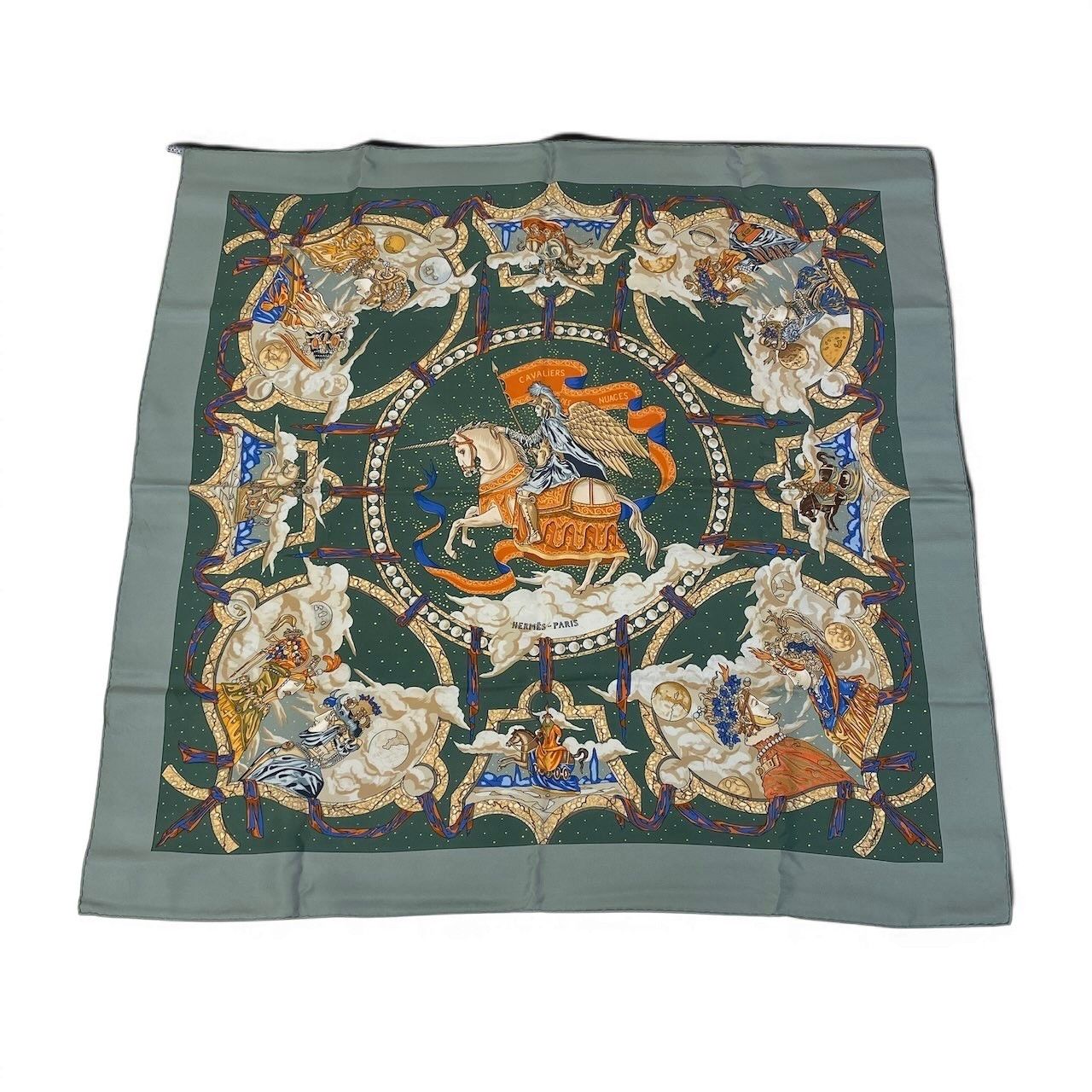 Hermes Carre 90 Cavaliers Des Nuages Scarf Green Silk
