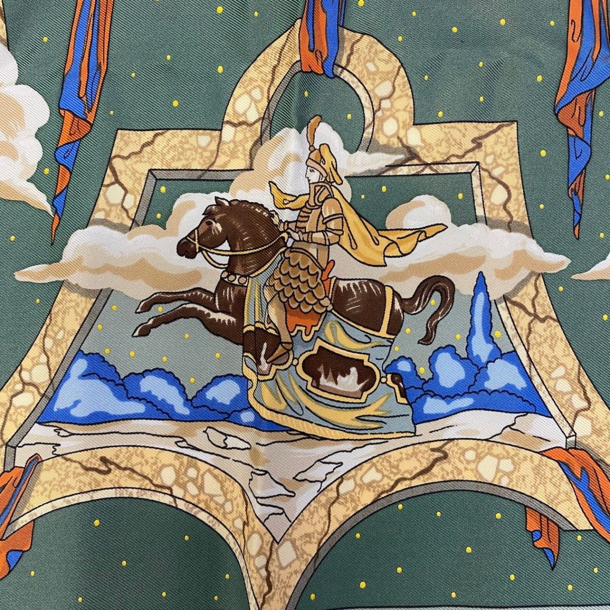 Hermes Carre 90 Cavaliers Des Nuages Scarf Green Silk — view 7