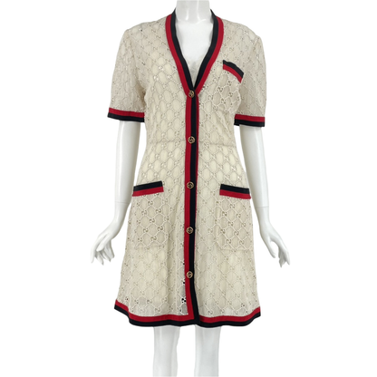 Gucci Dress GG Button Tweed 40 White Floral Lace Fabric