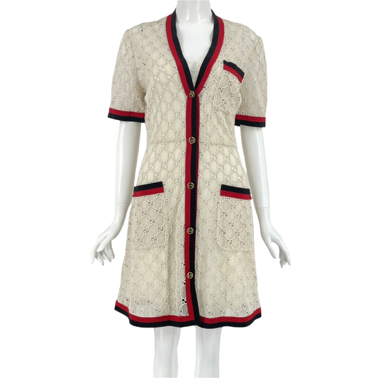 Gucci Dress GG Button Tweed 40 White Floral Lace Fabric