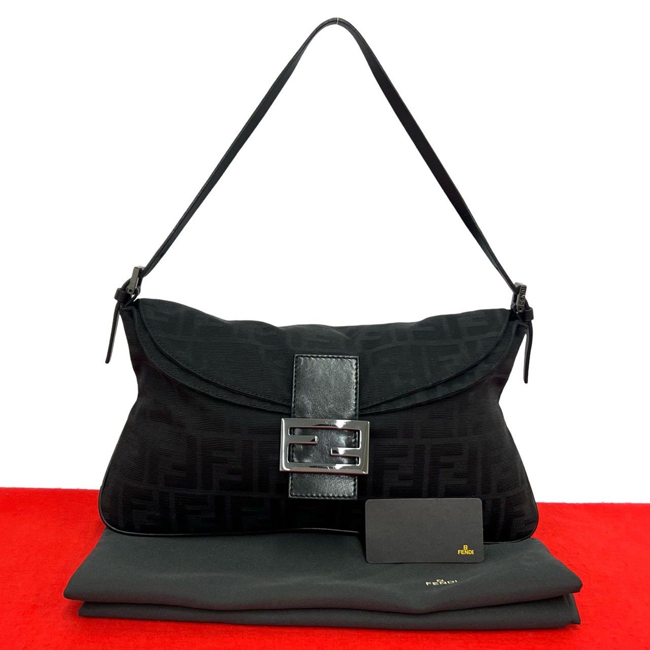Fendi FF Zucca Pattern Canvas Leather Shoulder Bag Black
