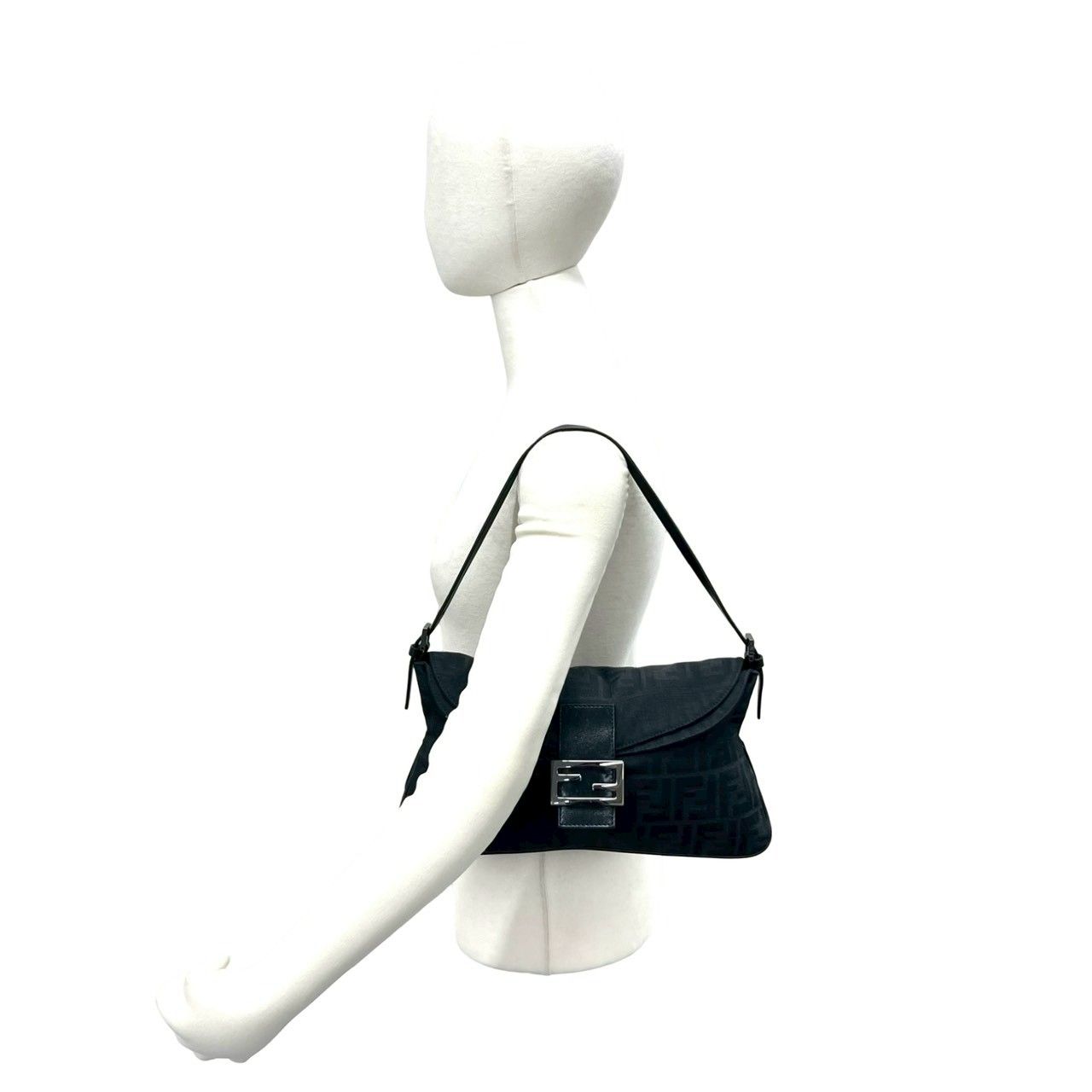 Fendi FF Zucca Pattern Canvas Leather Shoulder Bag Black — view 2