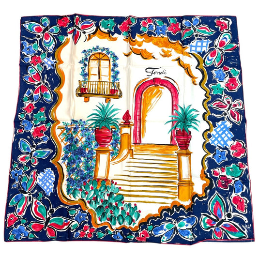 Fendi Scarf Large Silk Logo Floral Pattern Multicolor