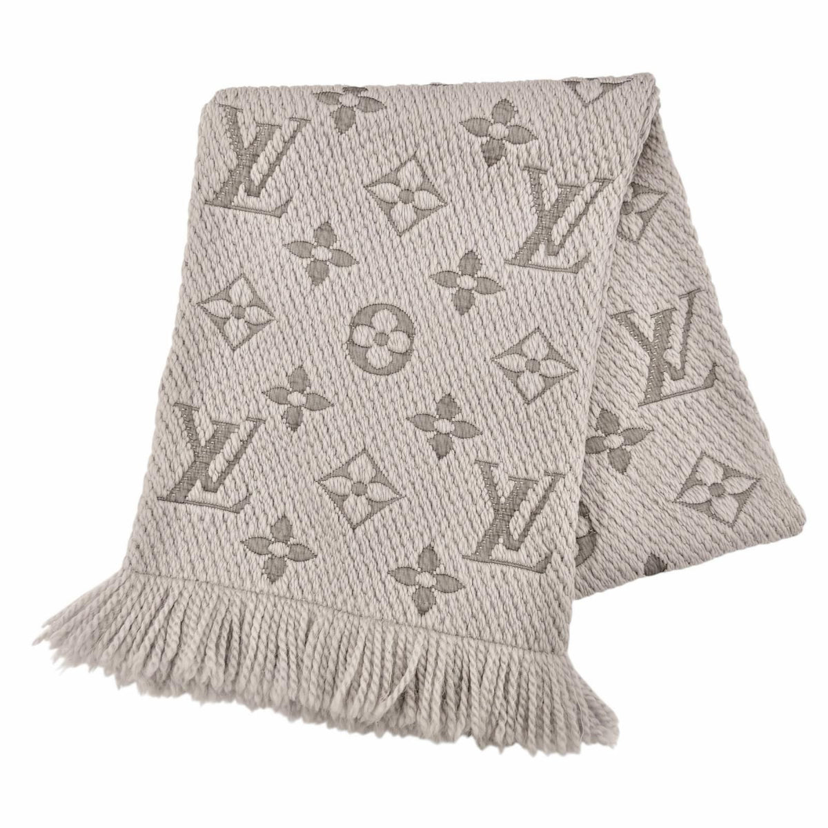 Louis Vuitton Echarpe Logomania Wool Silk Scarf With Fringe Gray