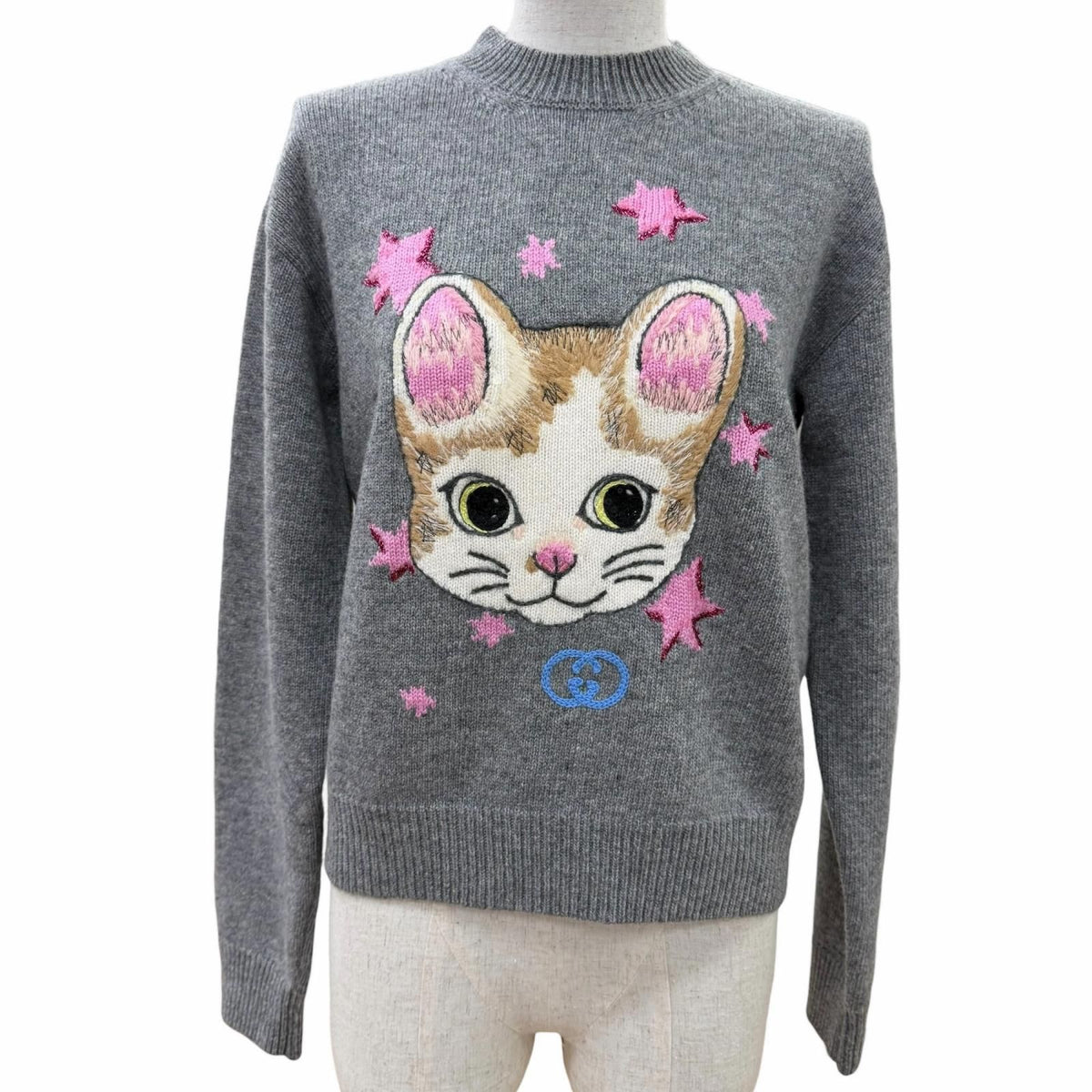 Gucci Yuko Higuchi Wool GG Embroidery Long Sleeve Knit Gray XS Sweater