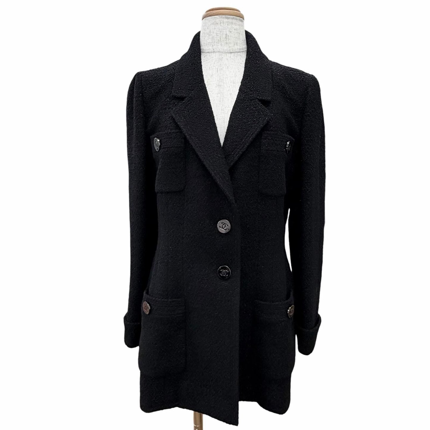 Chanel Vintage Wool CC Logo Button Lame Tweed Jacket Black 40