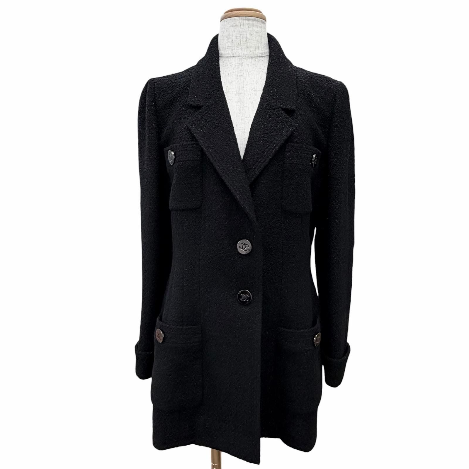 Chanel Vintage Wool CC Logo Button Lame Tweed Jacket Black 40