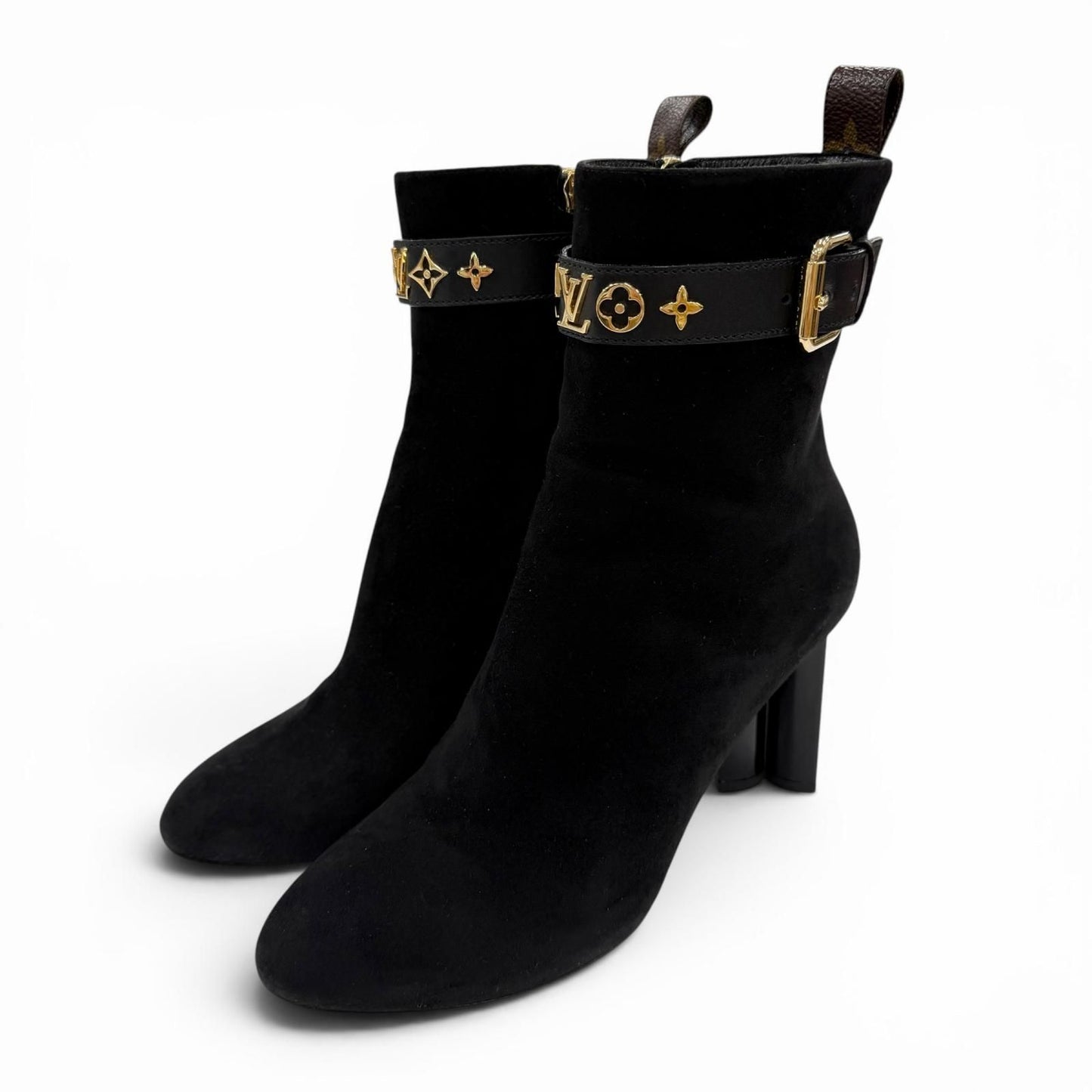 Louis Vuitton Silhouette Line Suede Leather Monogram Flower Heels LV Logo Short