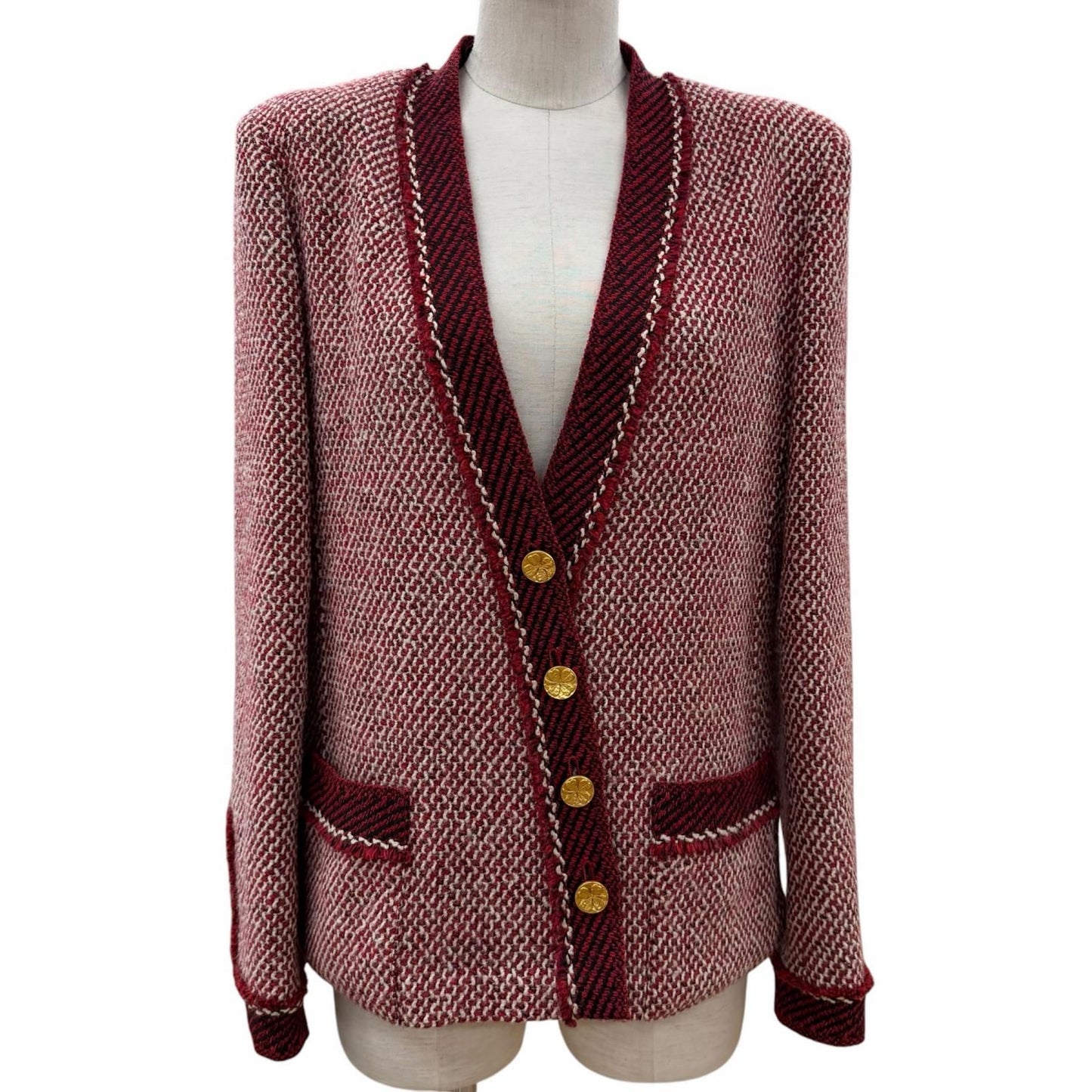 Chanel Boutique Vintage Wool Clover Button Tweed Jacket Red 38