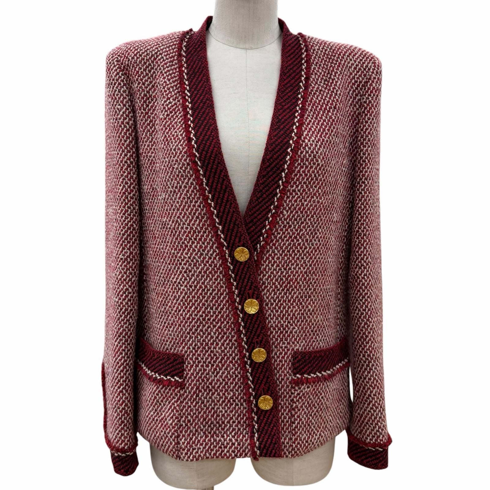 Chanel Boutique Vintage Wool Clover Button Tweed Jacket Red 38