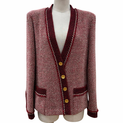 Chanel Boutique Vintage Wool Clover Button Tweed Jacket Red 38