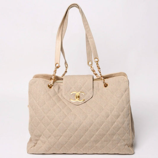 Chanel Supermodel XL Chain Tote Bag Linen CC Logo Coco Ball Beige