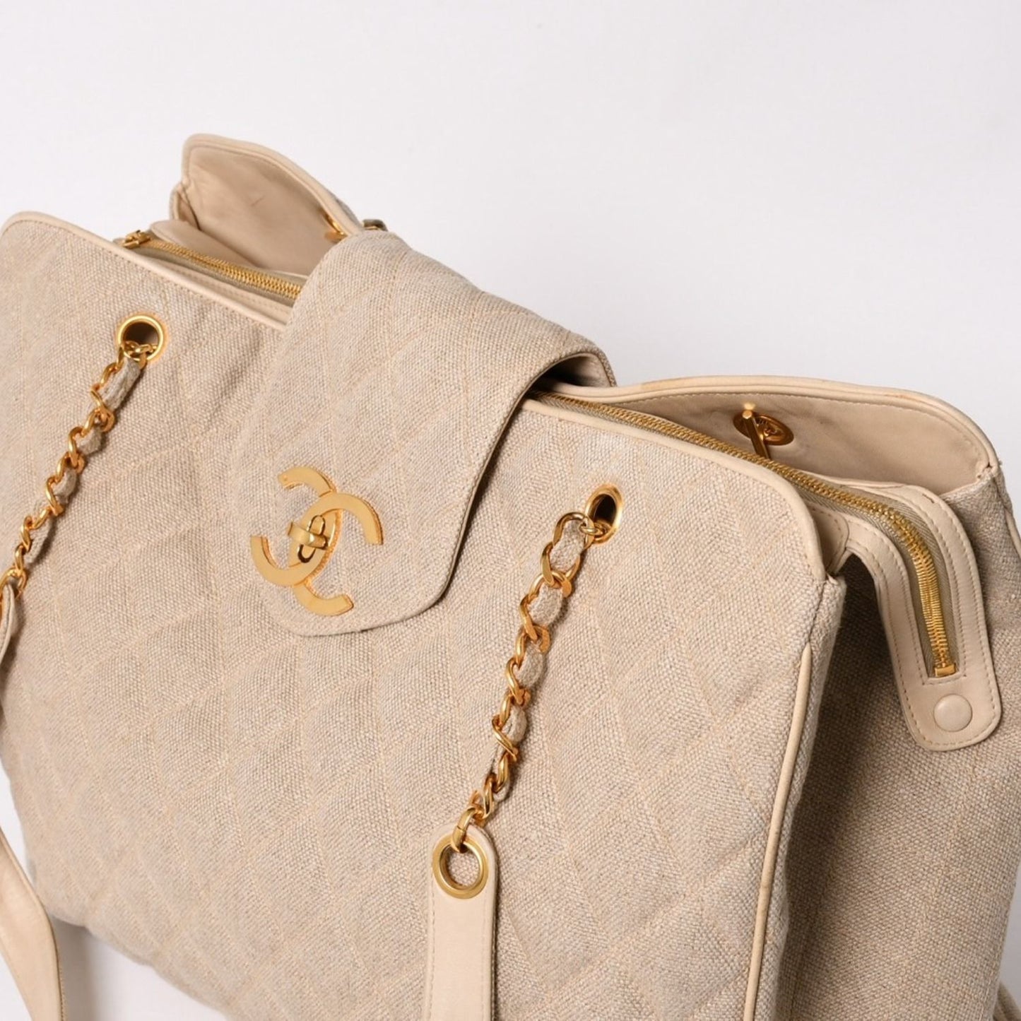 Chanel Supermodel XL Chain Tote Bag Linen CC Logo Coco Ball Beige — view 4