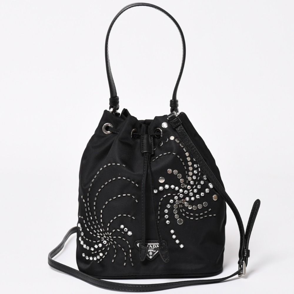 Prada Nylon Bag Hand Bag Handbag Rhinestone Triangle Logo Black