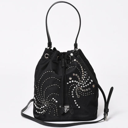 Prada Nylon Bag Hand Bag Handbag Rhinestone Triangle Logo Black