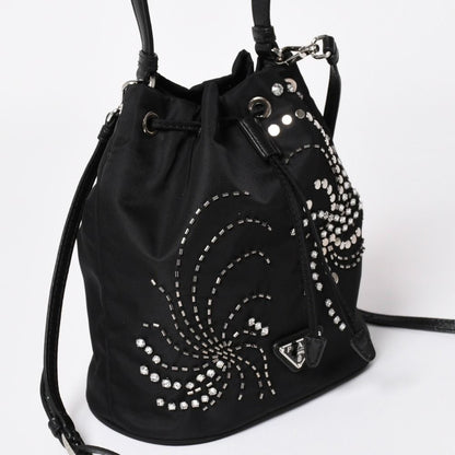 Prada Nylon Bag Hand Bag Handbag Rhinestone Triangle Logo Black — view 3