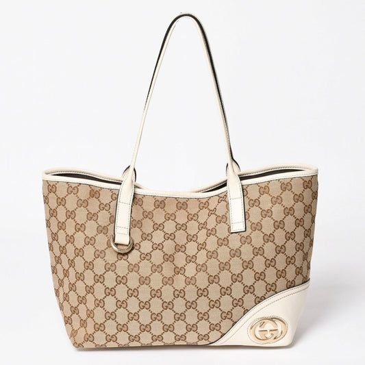 Gucci Tote Bag GG Canvas Leather Beige Brown Gold