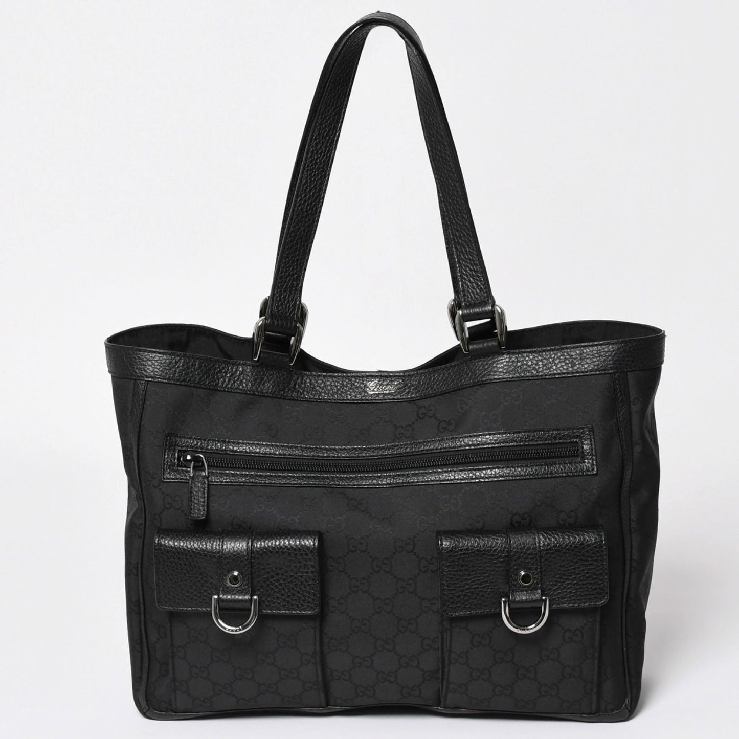 Gucci Abbey GG Nylon Canvas Pocket Tote Bag Black Silver