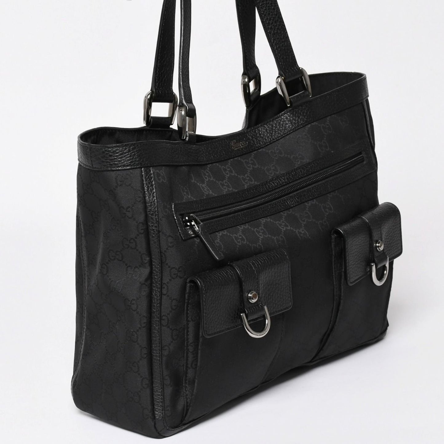 Gucci Abbey GG Nylon Canvas Pocket Tote Bag Black Silver — view 3